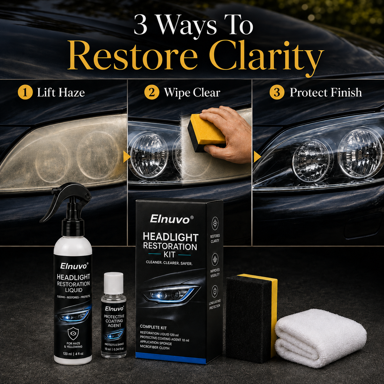 🚘Automotive Headlight Restoration Kit – 💡Restore Foggy & Yellowed Lenses