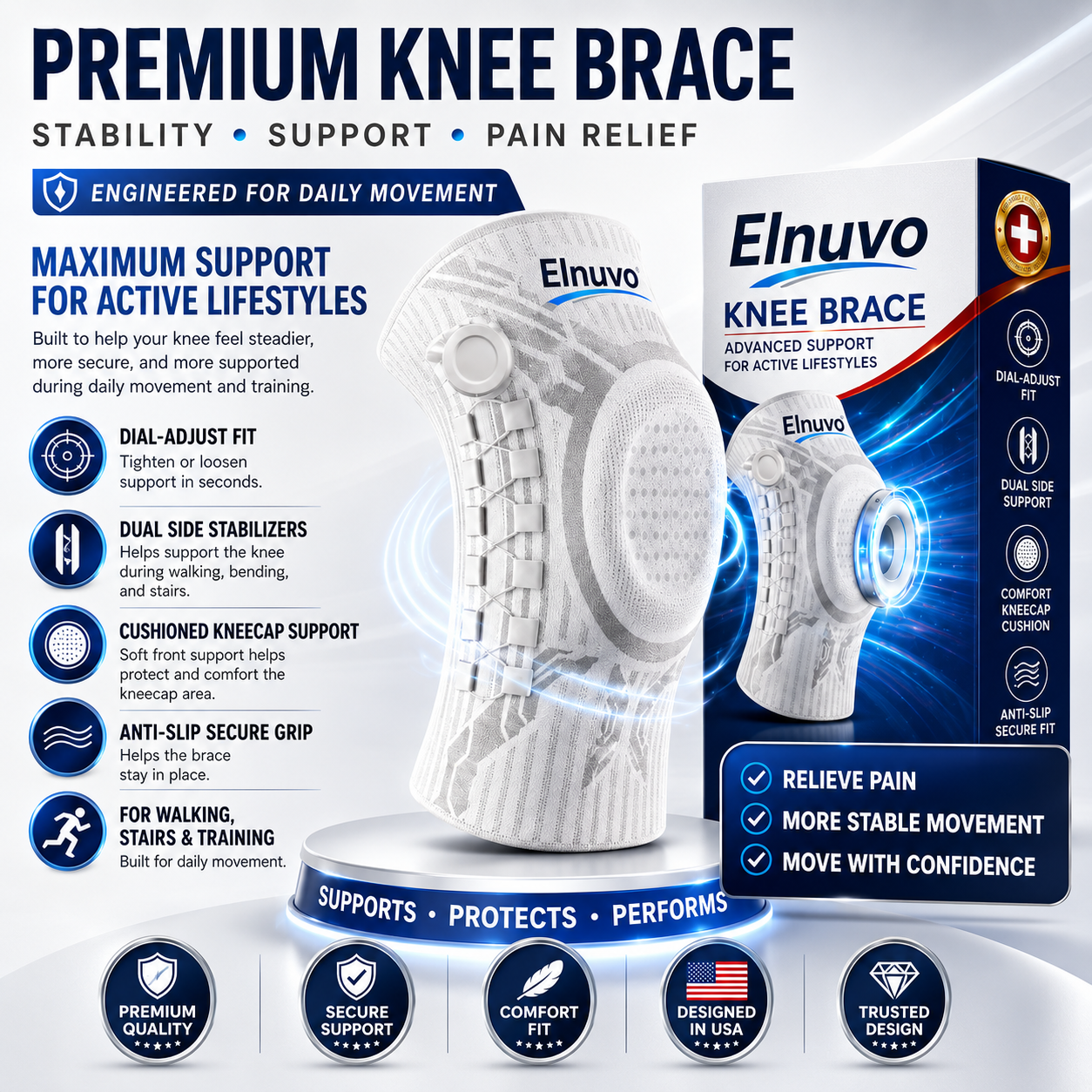 Elnuvo Advanced Adjustable Multi-Function Sports Knee Support Brace