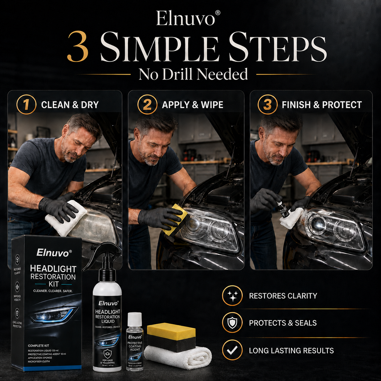 🚘Automotive Headlight Restoration Kit – 💡Restore Foggy & Yellowed Lenses