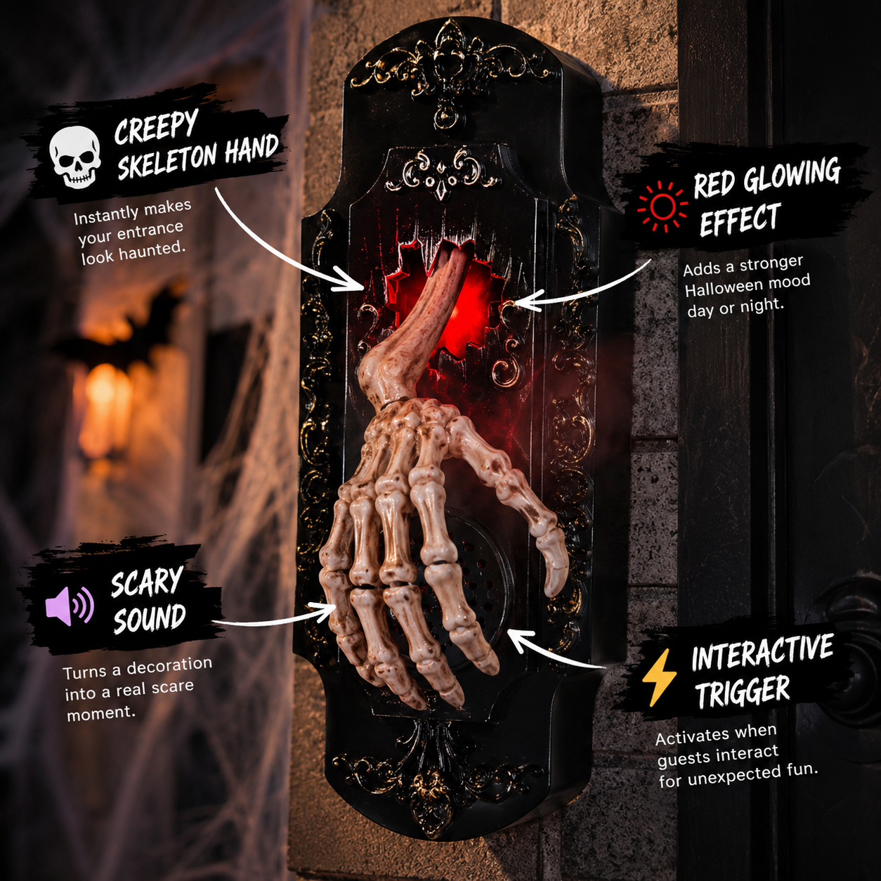 👻Halloween Skeleton Hand Doorbell – Touch/Motion Activated Red Light & Scary Sound Haunted House Decoration
