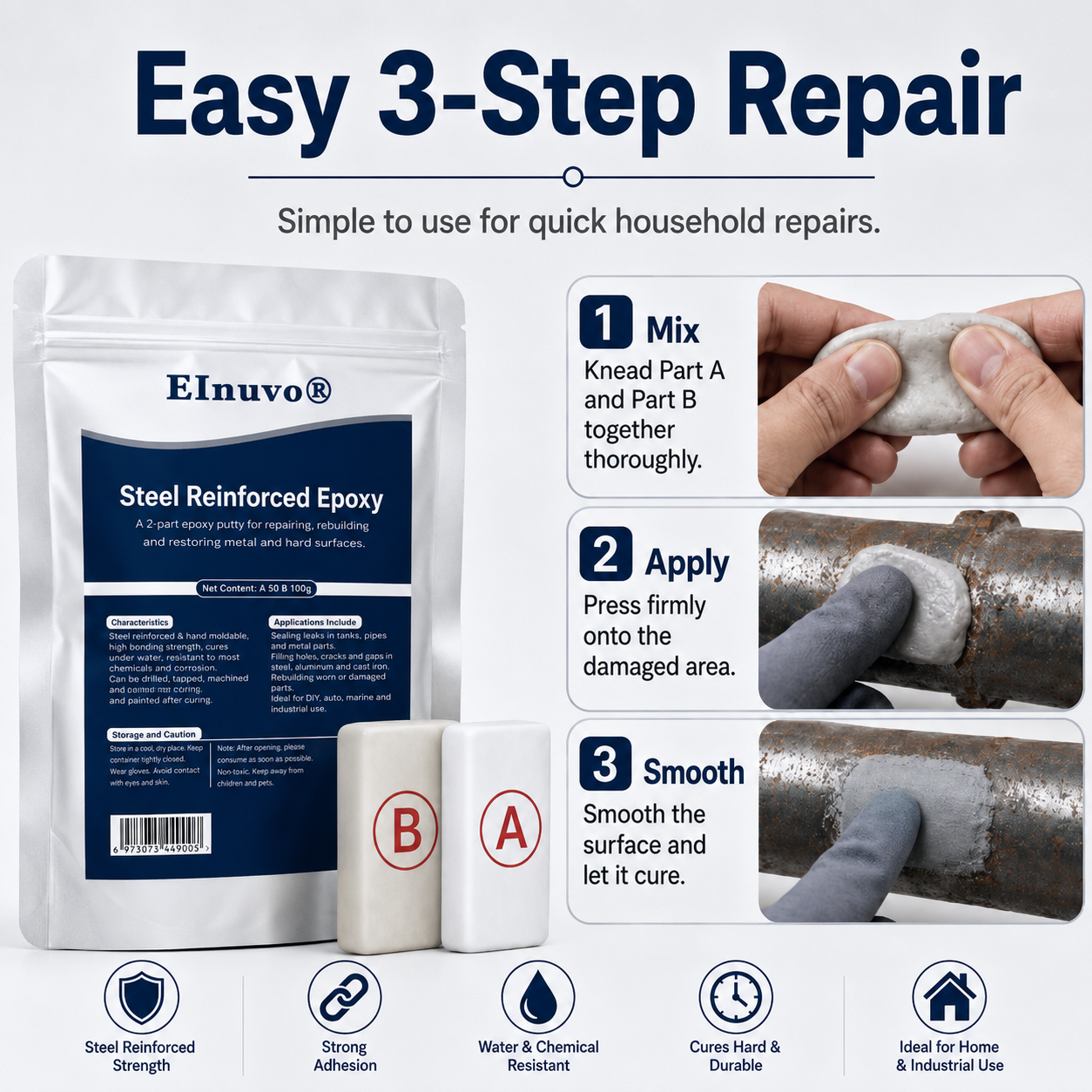 💥SAVE 50% NOW🏠EInuvo® Steel Reinforced Epoxy Repair Putty — Universal Glue for Metal, Wood, Plastic