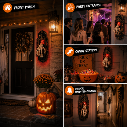 👻Halloween Skeleton Hand Doorbell – Touch/Motion Activated Red Light & Scary Sound Haunted House Decoration