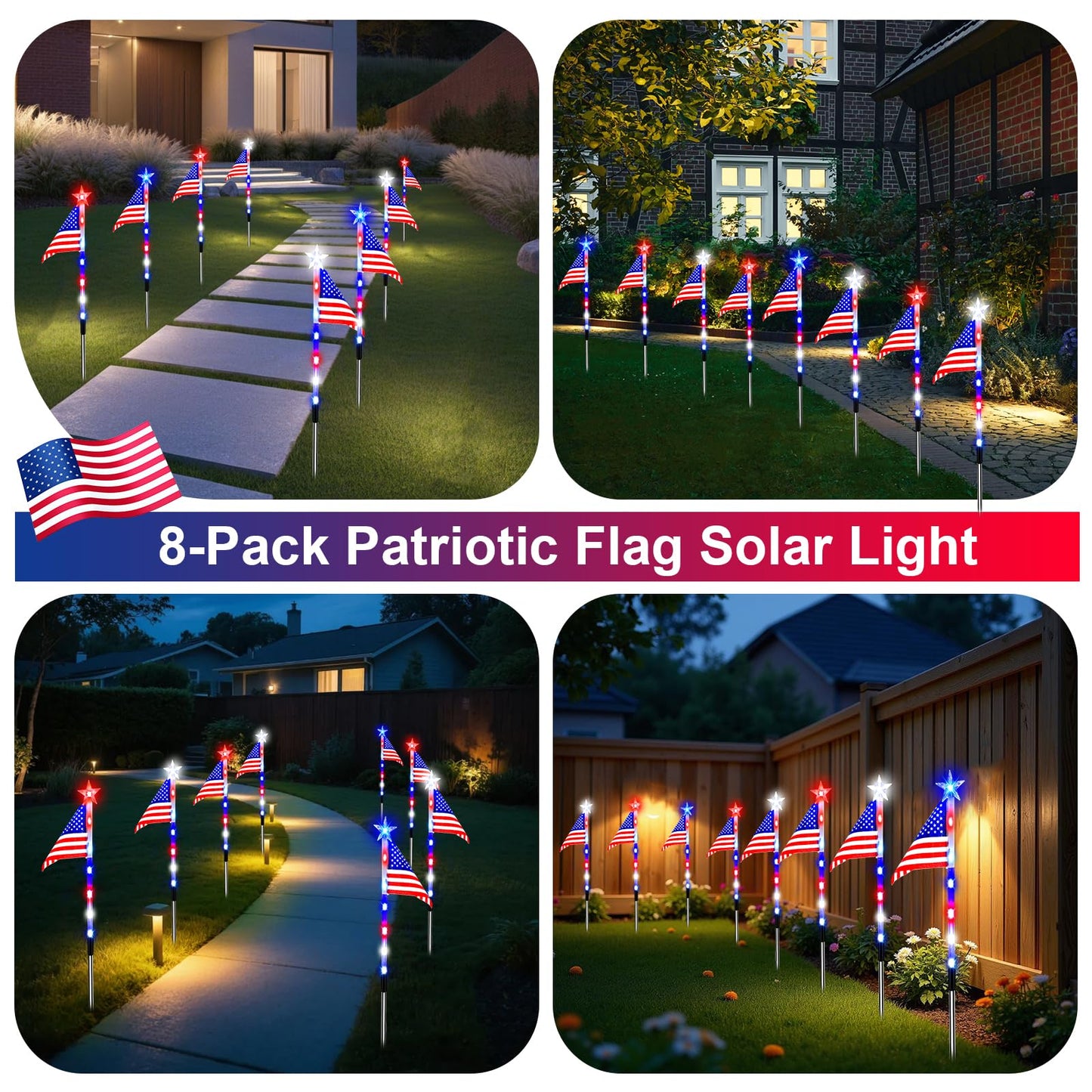 8 Pack Solar Flag Lights 4th of July Decorations Outdoor